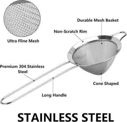 3 Pack Fine Mesh Strainer 304 Stainless Steel Small Sieve Sifter for Food, Tea, Juicing, Cocktail, Cooking (3.35")