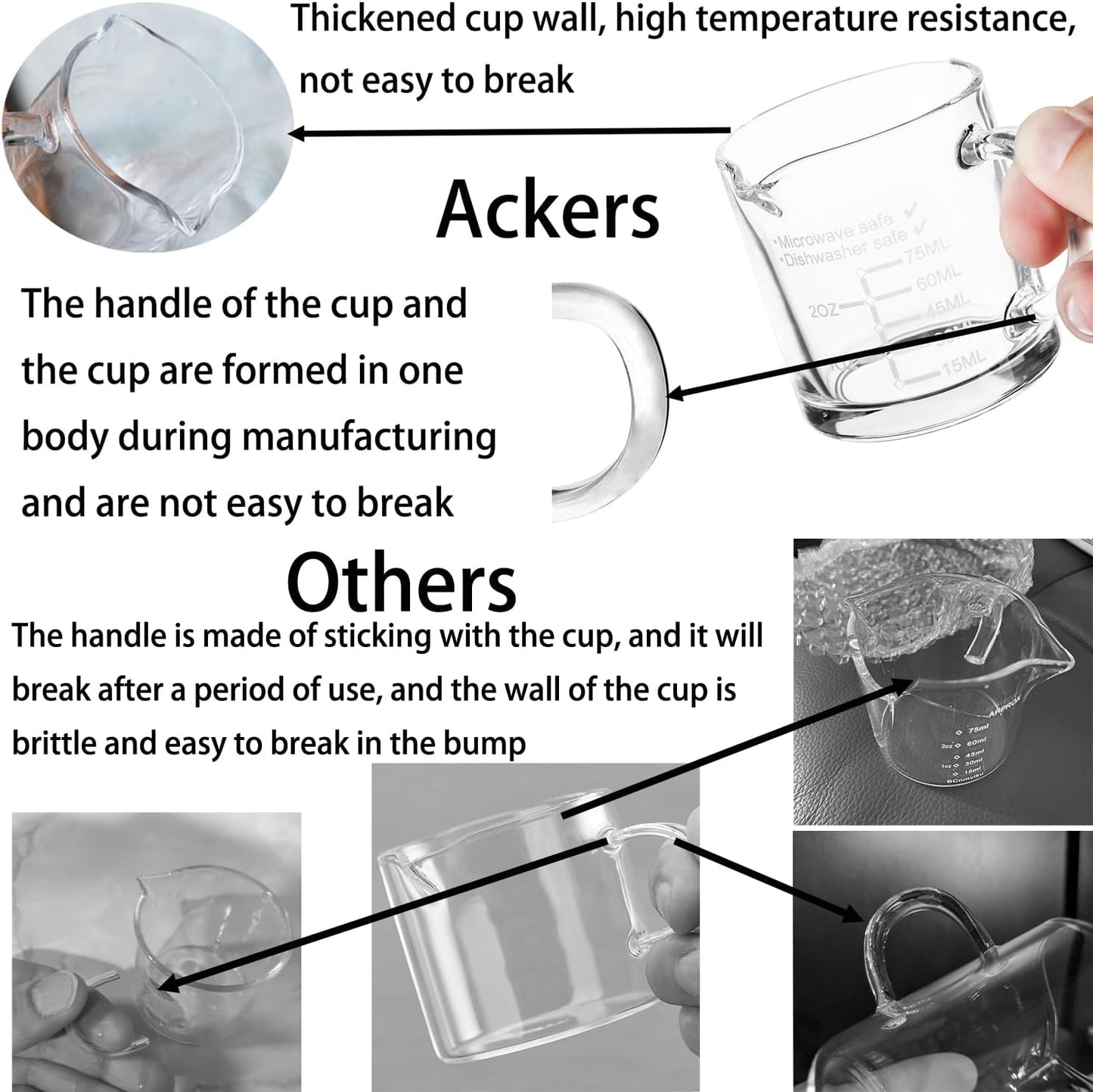 Ackers Etched Scale Espresso cup with Handle, Thickened Bottom and Wall, Double V-Shaped Spout,2.5OZ Milk Frothing Pitcher,75ML Milk Cup with Handle, Espresso Accessory(Pack of 2)