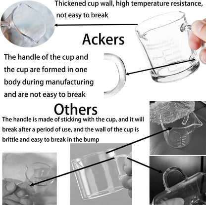 Ackers Etched Scale Espresso cup with Handle, Thickened Bottom and Wall, Double V-Shaped Spout,2.5OZ Milk Frothing Pitcher,75ML Milk Cup with Handle, Espresso Accessory(Pack of 2)