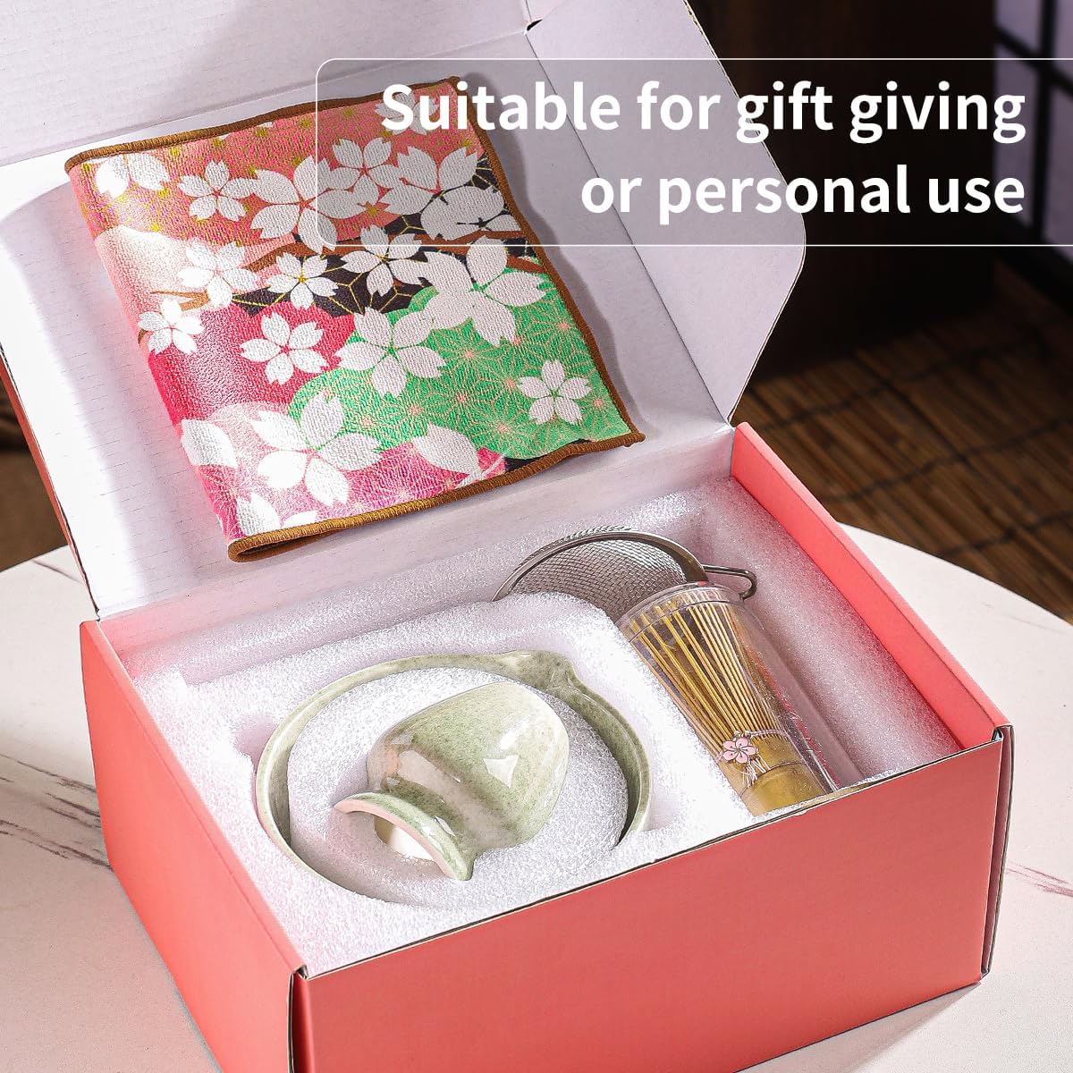 8-Piece Matcha Ceremony Set - Tea Kit with Cherry Blossom Bowl, Bamboo Whisk, Wood Scoops, Tea Cloth & Floral Display - Gift-Ready Pink Cherry color box (blue)