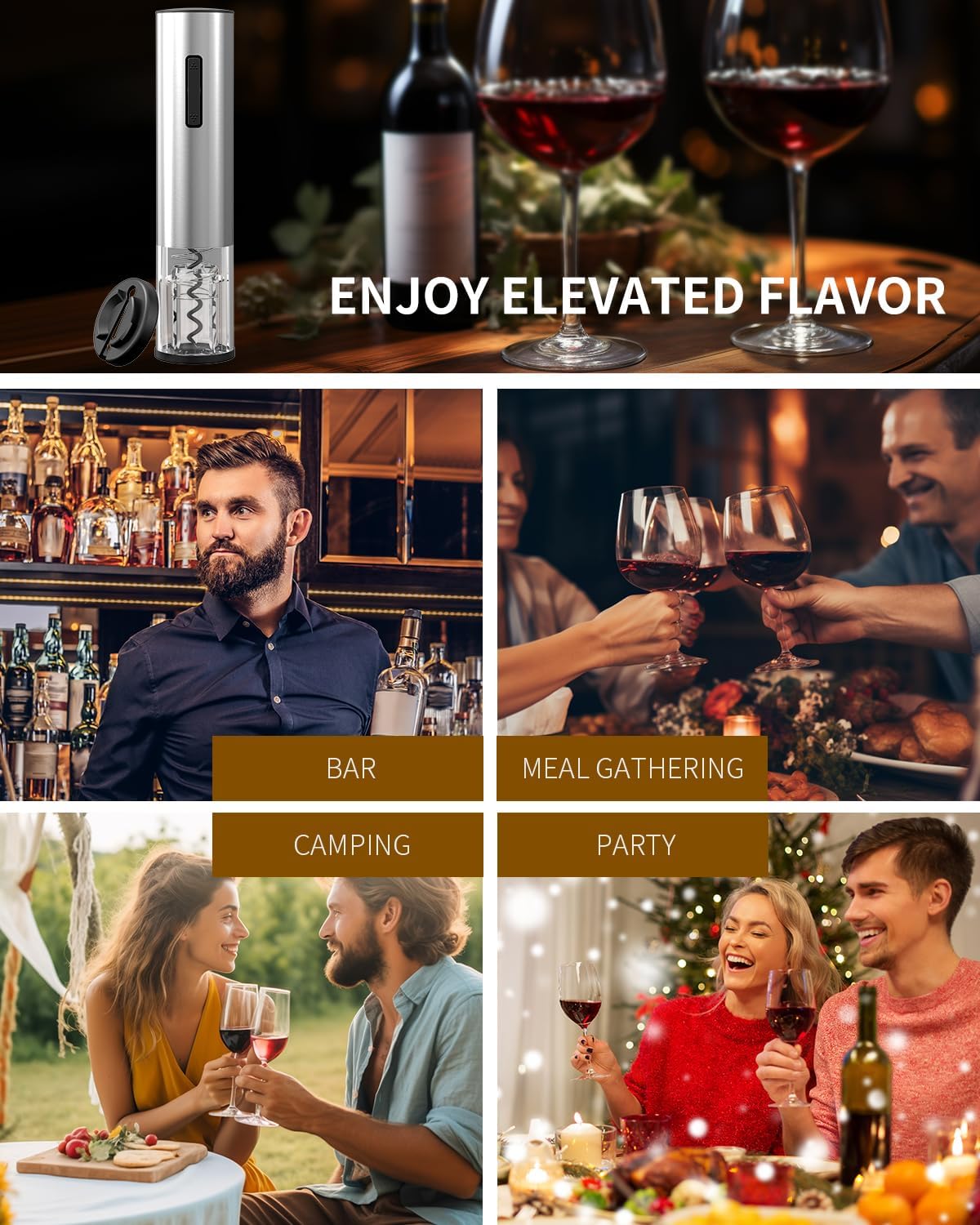 CIRCLE JOY Electric Wine Opener Stainless Steel Rechargeable Automatic Wine Bottle Opener Set 7-in-1 Wine Gifts for Wine Lovers with Charging Base, Foil Cutter, Wine Aerator Pourer & 2 Vacuum Stoppers