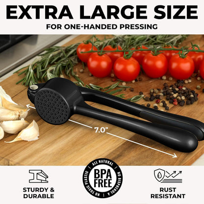 Zulay Kitchen Premium Garlic Press Set - Rust Proof Professional Garlic Mincer Tool - Easy-Squeeze, Easy-Clean with Soft, Ergonomic Handle - Silicone Garlic Peeler & Brush (Silver)