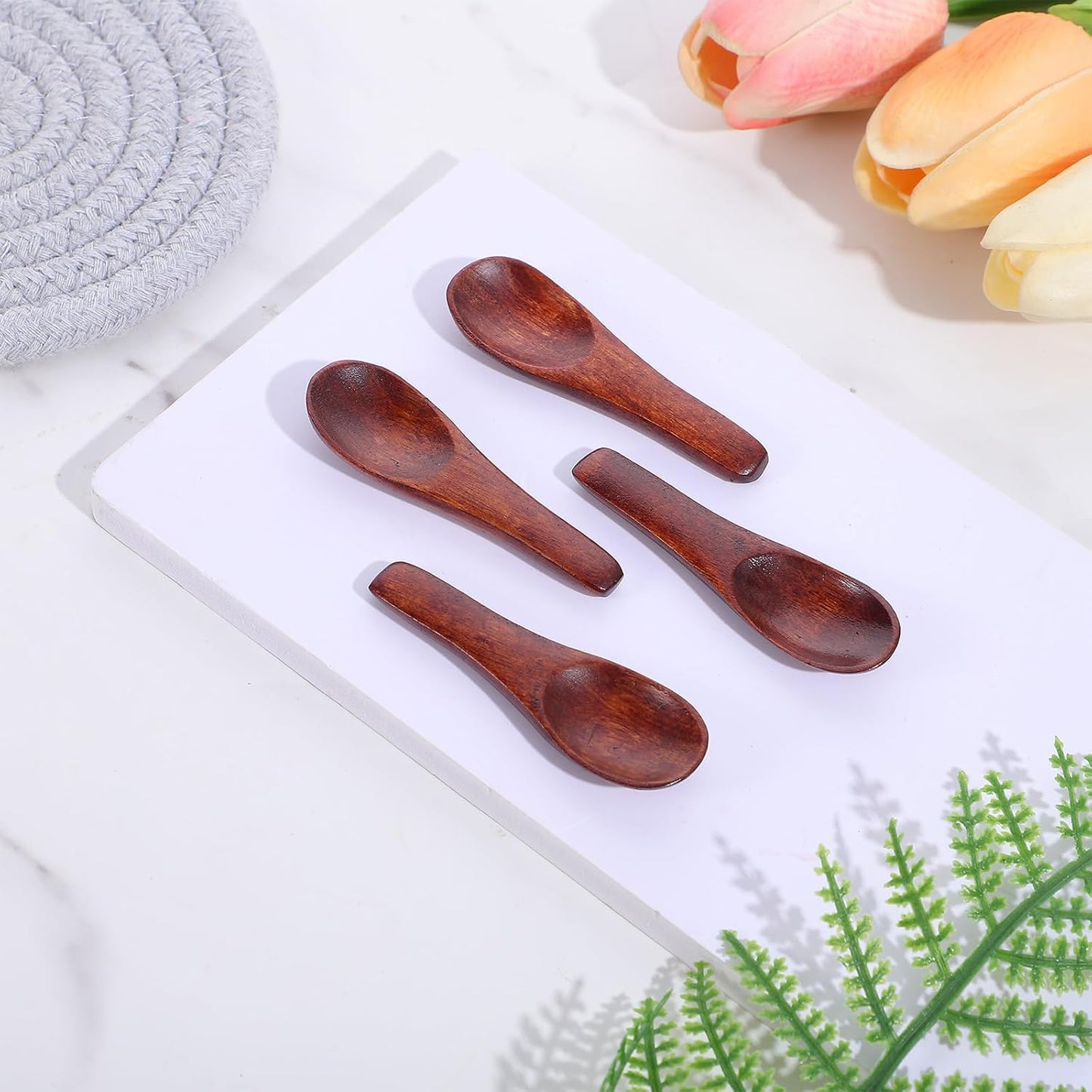 4 Pack Handcrafted Tiny Wooden Spoons - Mini Scoops for Spice Jars, Honey, Mustard, Sauces & Seasoning - Natural Wood Kitchen Utensils for Cooking & Serving