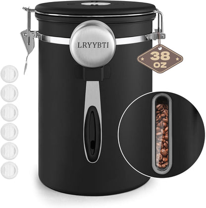 Coffee Canisters with Window,Scoop and Airtight Lid Stainless Steel Kitchen Bean Storage Grounds Container Date Tracker and Scoop for Grounds Coffee Bar Accessories (Cream+window, 22 oz)