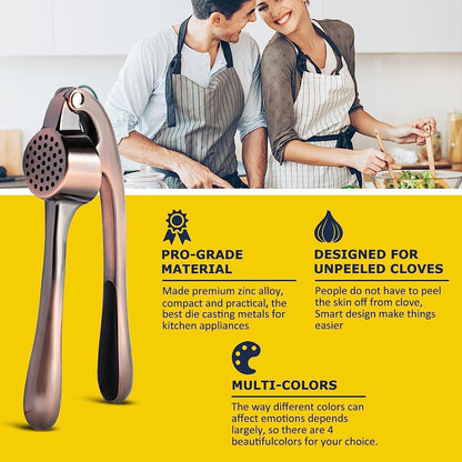 Premium Garlic Press Stainless Steel - Elevate Your Culinary Experience with Our Premium Garlic Mincer, Crusher & Peeler Set, Dishwasher Safe & Rust-proof (Bronze)