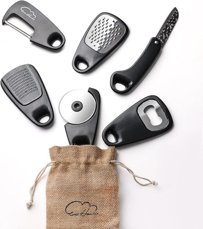 Kitchen Gadgets Set 5 Pieces, Space Saving Cooking Tools Kitchen Accessories - Fruit/Vegetable Peeler, Cheese/Chocolate Grater, Bottle Opener, Pizza Cutter, Garlic/Ginger Grinder Gift Set (Black)
