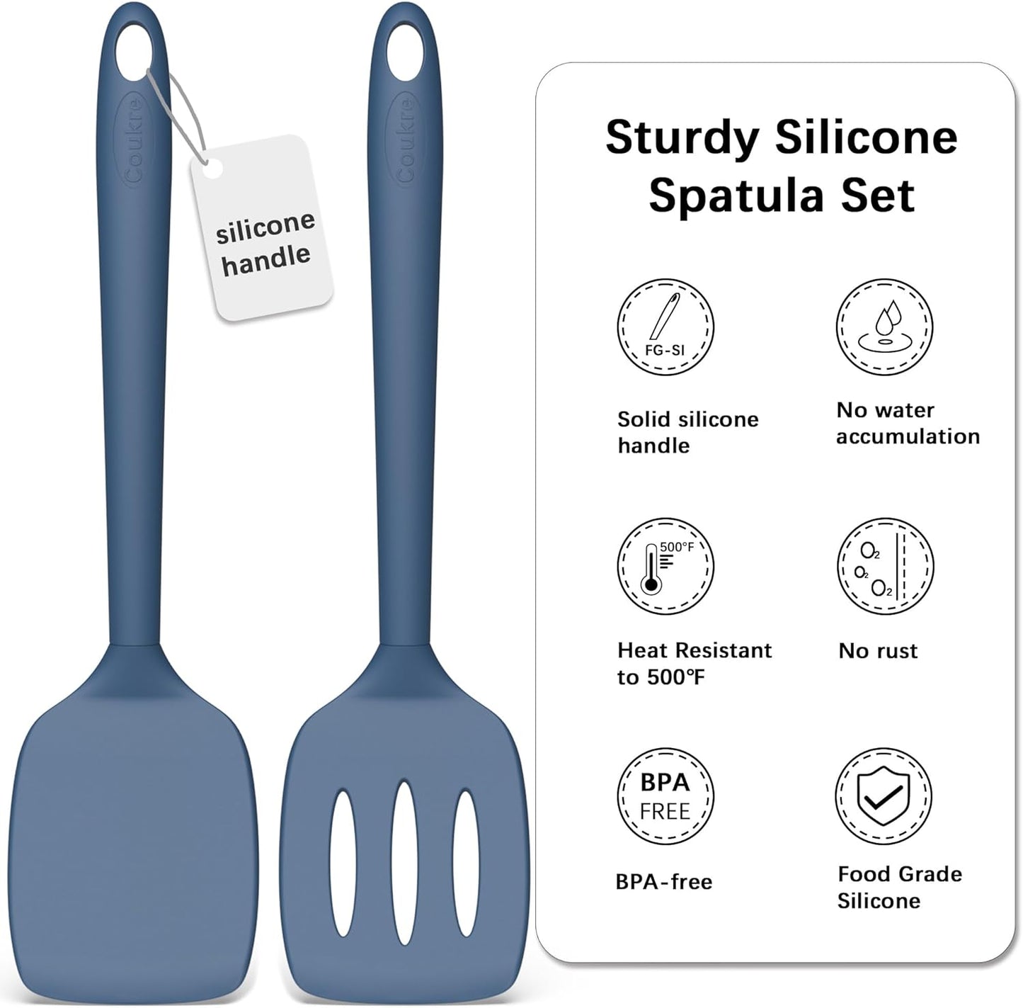 Coukre 2 Pack Silicone Spatula Set, High Heat Resistant, BPA Free Kitchen Spatula, Solid & Slotted Turner for Non-Stick Pans, Sautéing, and Flipping (2, PureBlack)