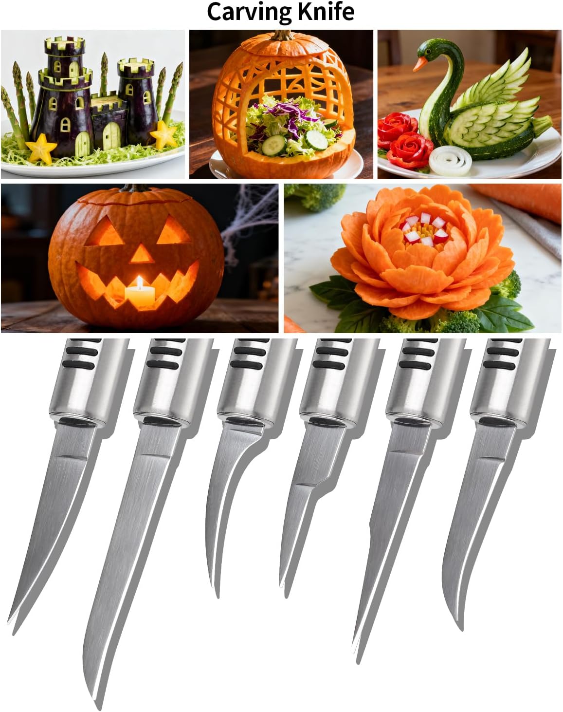 BURLIHOME Stainless Steel Fruit Carving Knife Set, 6 Pack Vegetable Engraving Blades for Kitchen, Melon Baller Scoop,Lemon Zester, Garnish Peeler,Crinkle Knife,V-shape Cutter