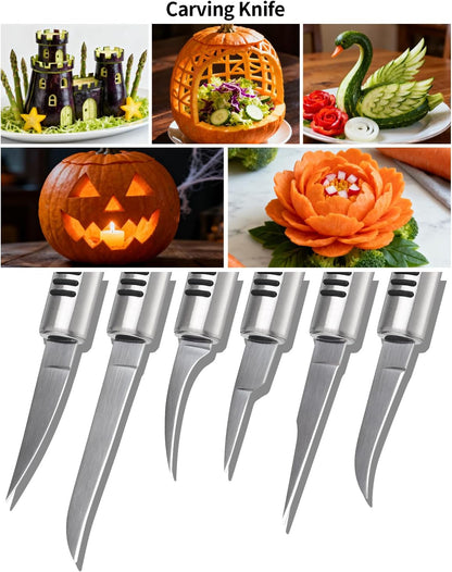 BURLIHOME Stainless Steel Fruit Carving Knife Set, 6 Pack Vegetable Engraving Blades for Kitchen, Melon Baller Scoop,Lemon Zester, Garnish Peeler,Crinkle Knife,V-shape Cutter