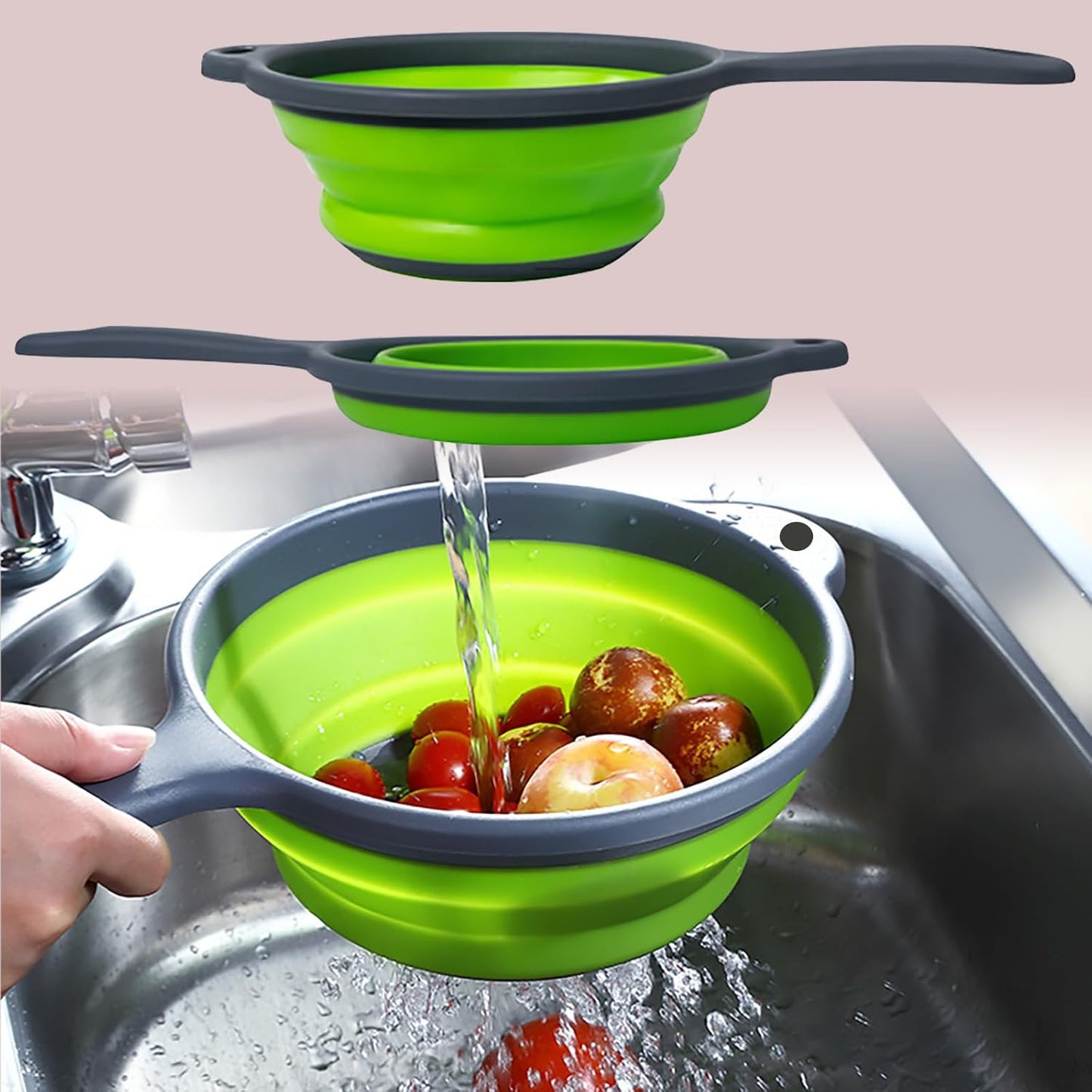 Kitchen Collapsible Colanders Set,Collapsible Colanders with Handles,Dishwasher Safe,Space-Saver Folding Strainer Colander for Draining Pasta Vegetable Fruits (Green)