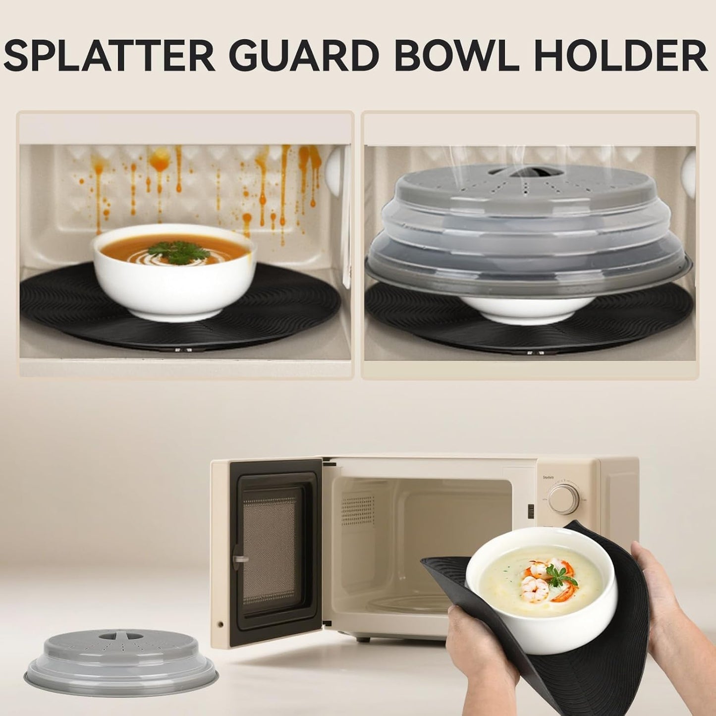 Collapsible Microwave Splatter Cover for Food, Vented Microwave Plate Cover Lid 10.5 inch, BPA-Free Silicone & Plastic, Dishwasher Safe, Multipurpose Colander for Fruit Vegetable, Black