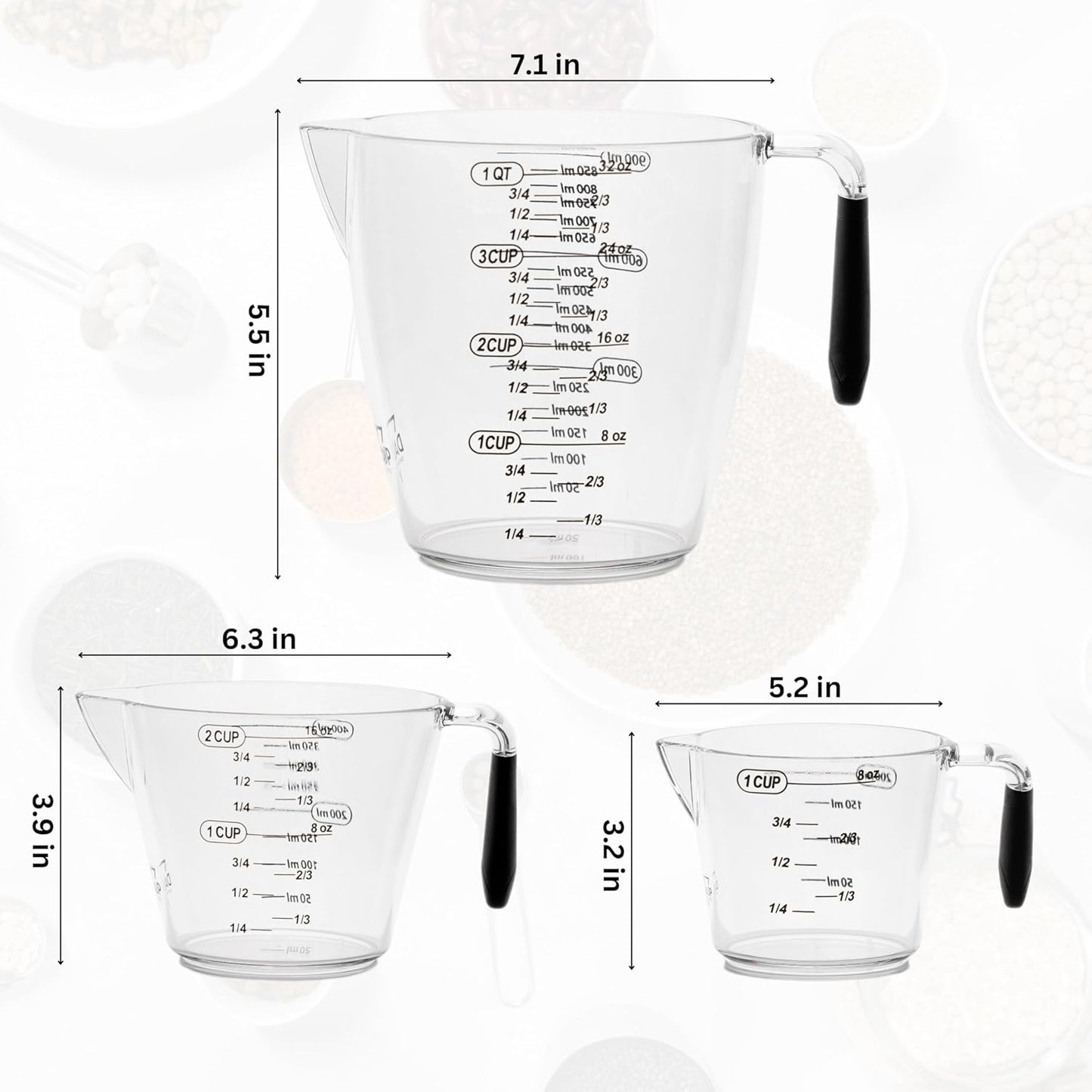 Dalup Measuring Cup Set – Clear Plastic Liquid Measuring Cups (8/16/32 oz) with Spout & Non-Slip Handle | 3-Piece Plastic Measuring Cup Set for Liquids & Dry Ingredients