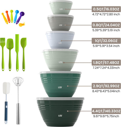 LISI 23Pcs Mixing Bowls Set with Lids, Airtight BPA-Free Nesting Bowls for Mixing, Baking, Cooking & Storage, Dishwasher Safe Serving Bowl, Includes Spatula, Spoons, Brush & Whisk