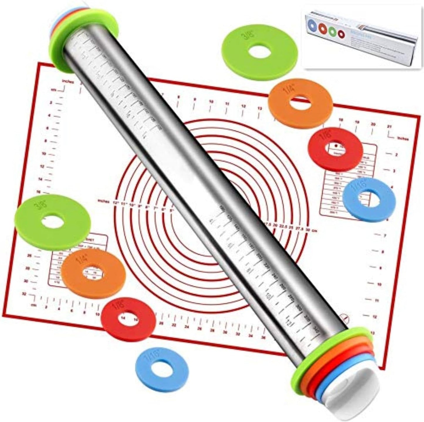 Rolling Pin with Adjustable Thickness Rings and Silicone Baking Pastry Mat Set for Baking,Stainless Steel Dough Roller,Baking Supplies for Cookie Fondant Pizza Cake Pasta(Red)