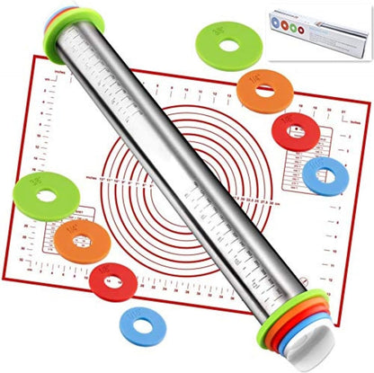 Rolling Pin with Adjustable Thickness Rings and Silicone Baking Pastry Mat Set for Baking,Stainless Steel Dough Roller,Baking Supplies for Cookie Fondant Pizza Cake Pasta(Red)