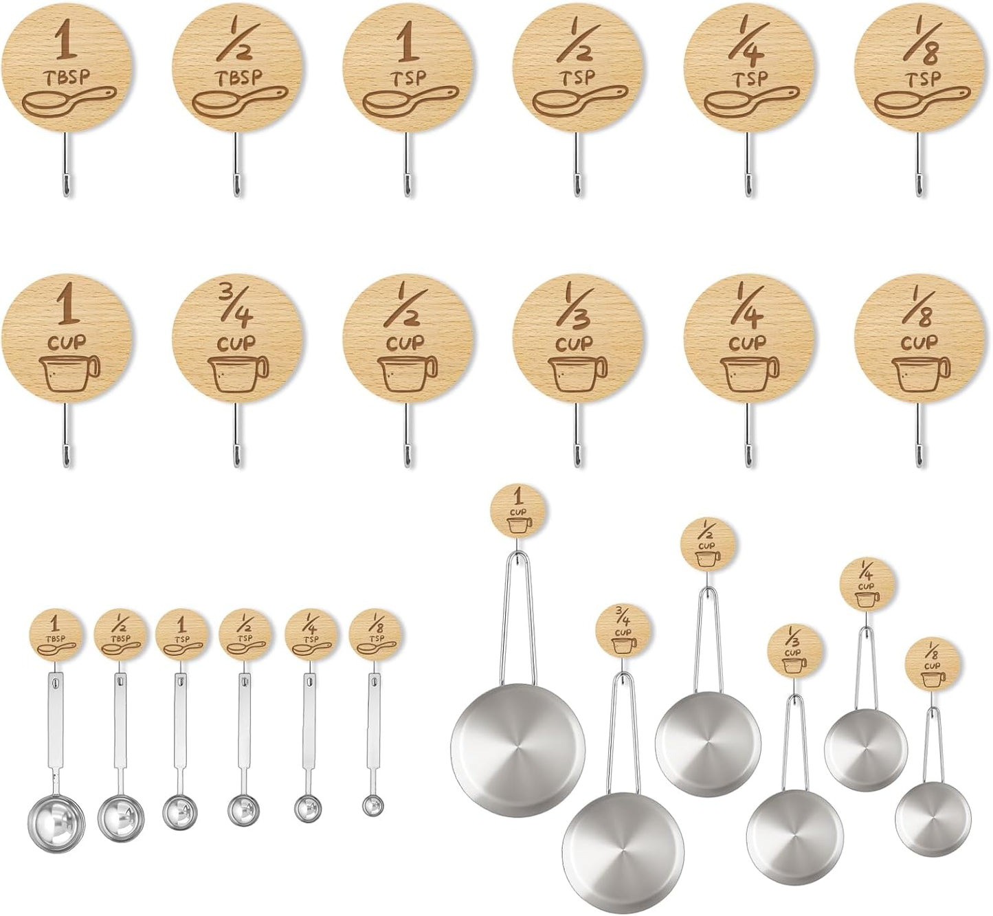 Measuring Cup and Spoon Organizer, 12 Pack Adhesive Wood Hooks for Hanging, Kitchen Hooks for Space Saving Storage