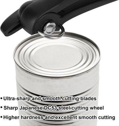 Safety Side Cut Can Opener, Smooth Edge Manual No Sharp Edges Cutting Can Opener Manual with Ergonomic Handle Home Kitchen Utensils Gadgets Practical Accessories Items for Canned Food (Black)