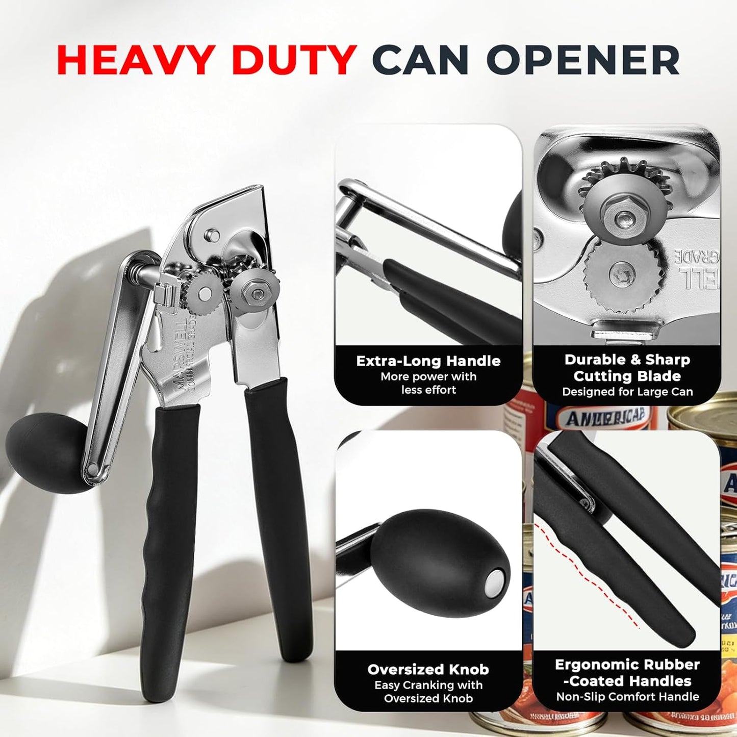 MARSWELL Heavy Duty Can Opener for Large Cans, Extra-Long Handles & Oversized Knob for Easy Cranking, Commercial Manual Hand Crank Opener Opens Big #10 Cans Smoothly, Strong All-Steel Construction