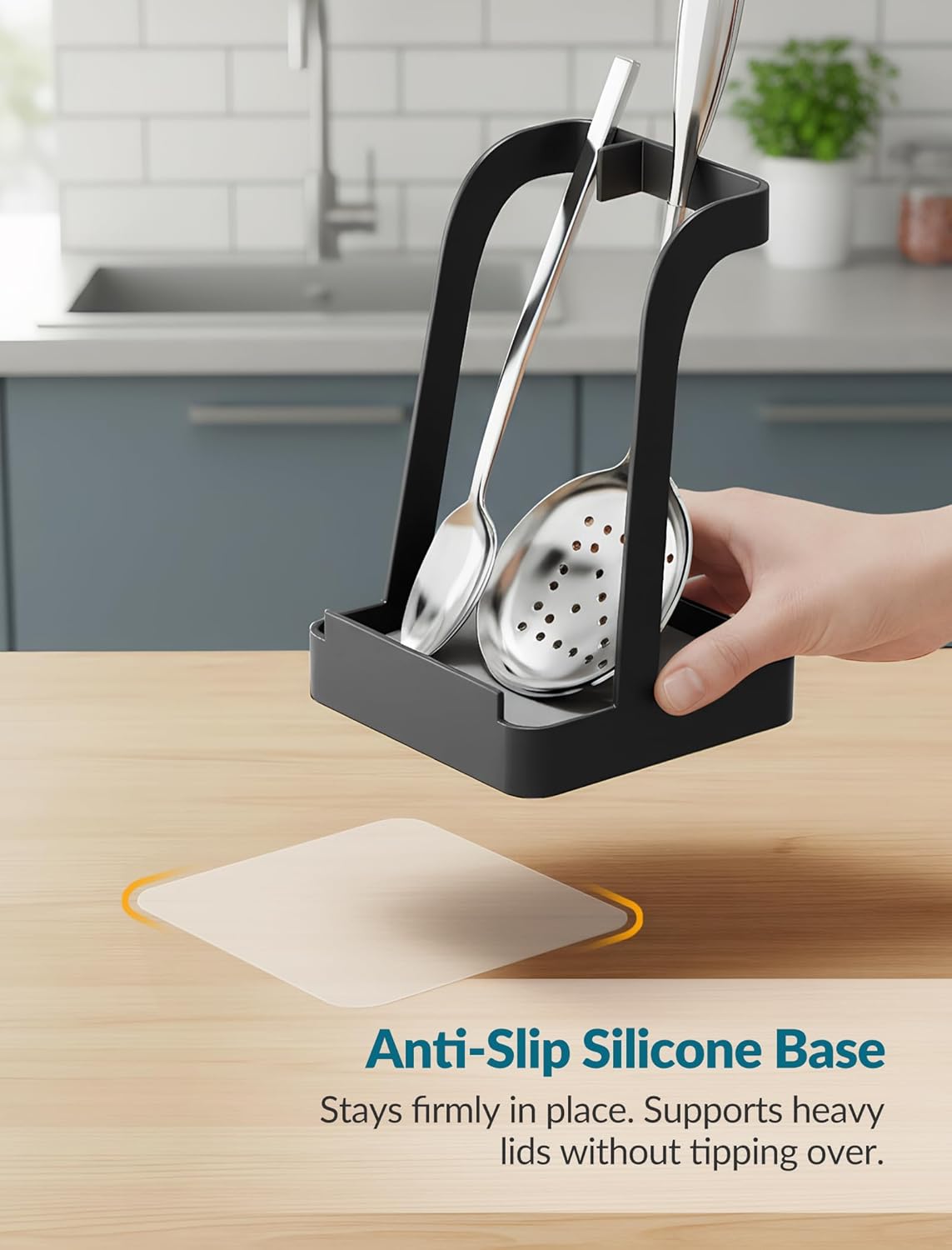 NiHome Versatile Pot Lid Ladle Holder Multipurpose Spatula Pad Book Cutting Board Spoon Rest Kitchen Utensils Drip Tray Washable Durable Stable Tack-Free Installation (Black)