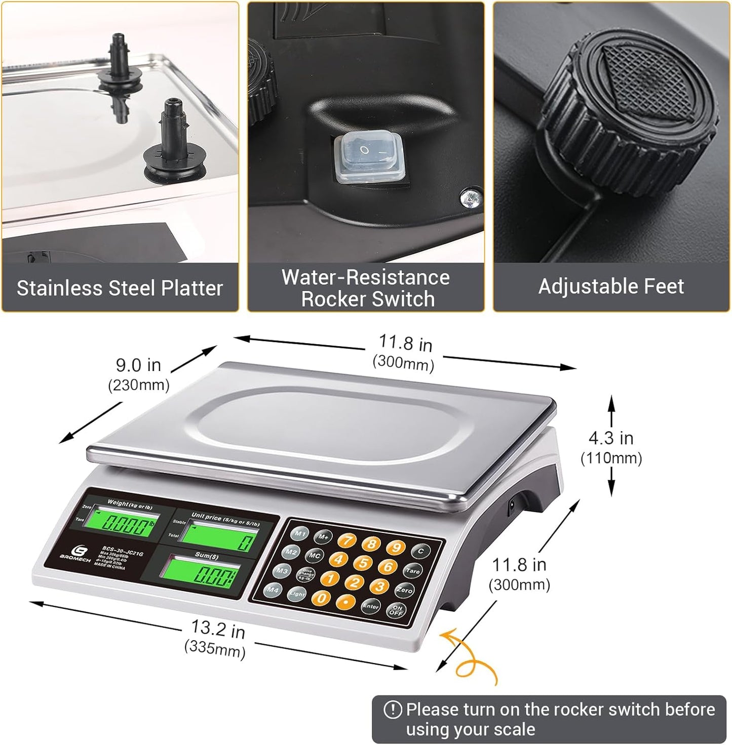 Commercial Food Scale 66lb/30kg, High Precision Digital Price Computing Scale for Farmers Marke, Deli, Dual Backlit LCD Display, Stainless Steel Platform, Rechargeable Battery for Produce Meat