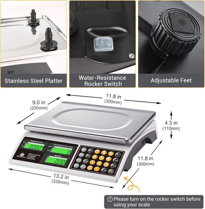 Commercial Food Scale 66lb/30kg, High Precision Digital Price Computing Scale for Farmers Marke, Deli, Dual Backlit LCD Display, Stainless Steel Platform, Rechargeable Battery for Produce Meat