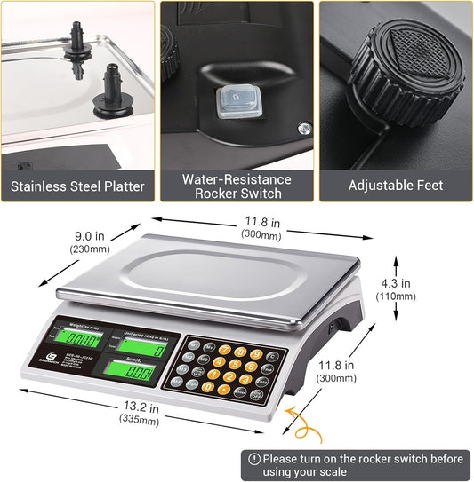 Commercial Food Scale 66lb/30kg, High Precision Digital Price Computing Scale for Farmers Marke, Deli, Dual Backlit LCD Display, Stainless Steel Platform, Rechargeable Battery for Produce Meat
