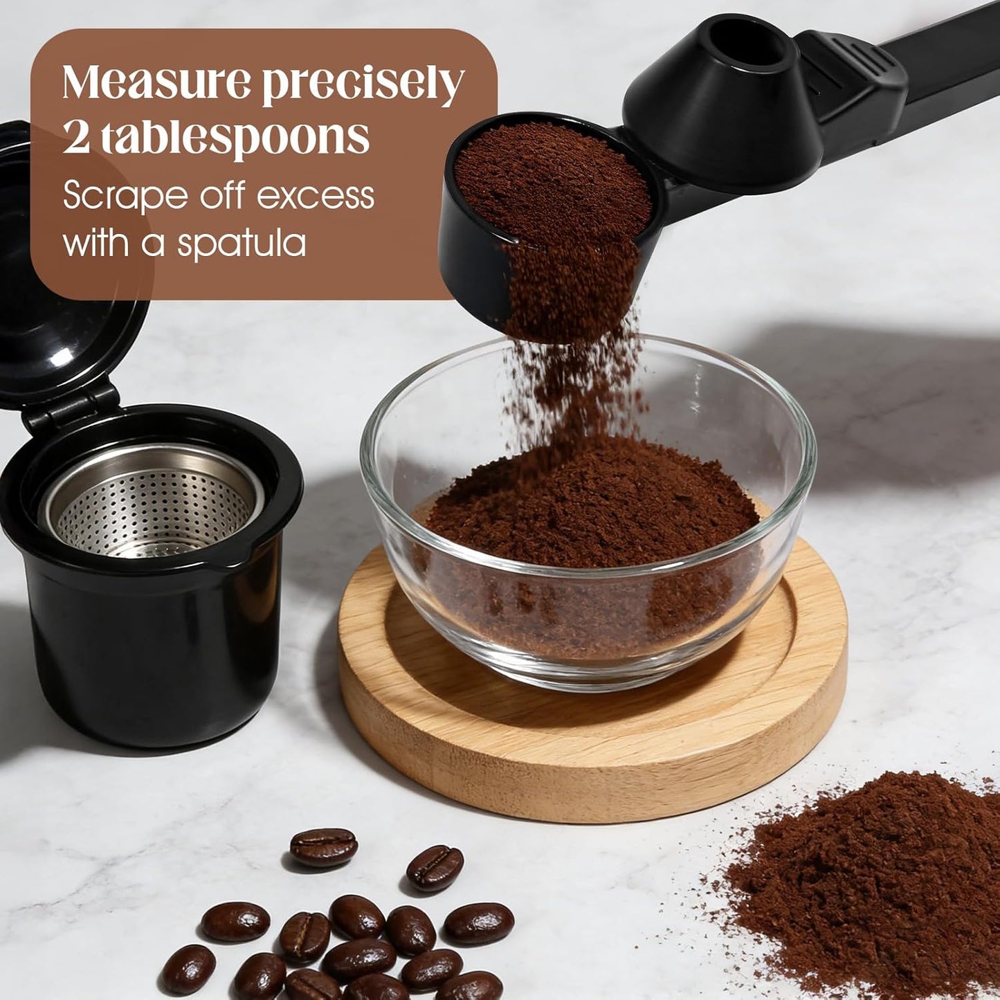 Coffee Scoop & Funnel for Reusable K Cup Refillable Tea Pods, Measuring Spoon 2 Tablespoon Capacity for Ground Coffee, Protein Powder, Tea(Black)