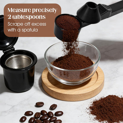 Coffee Scoop & Funnel for Reusable K Cup Refillable Tea Pods, Measuring Spoon 2 Tablespoon Capacity for Ground Coffee, Protein Powder, Tea(Black)
