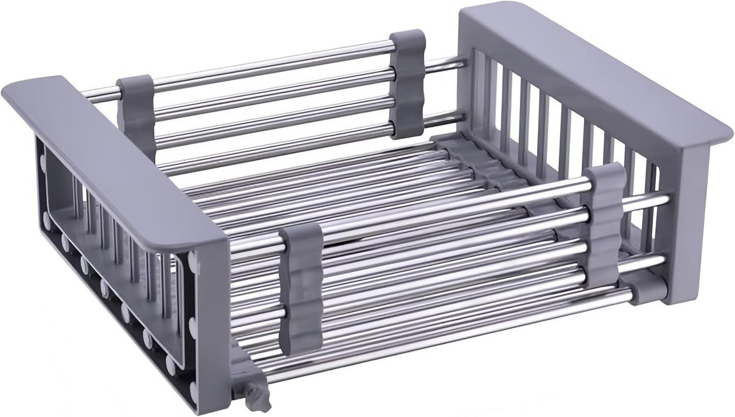 Over The Sink Dish Drying Rack, Stainless Steel Expandable Telescopic Drain Basket with Adjustable Arms - Functional Kitchen Sink Organizer for Dishes, Vegetables & Fruits (Large, Black)