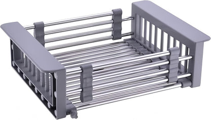 Over The Sink Dish Drying Rack, Stainless Steel Expandable Telescopic Drain Basket with Adjustable Arms - Functional Kitchen Sink Organizer for Dishes, Vegetables & Fruits (Large, Black)
