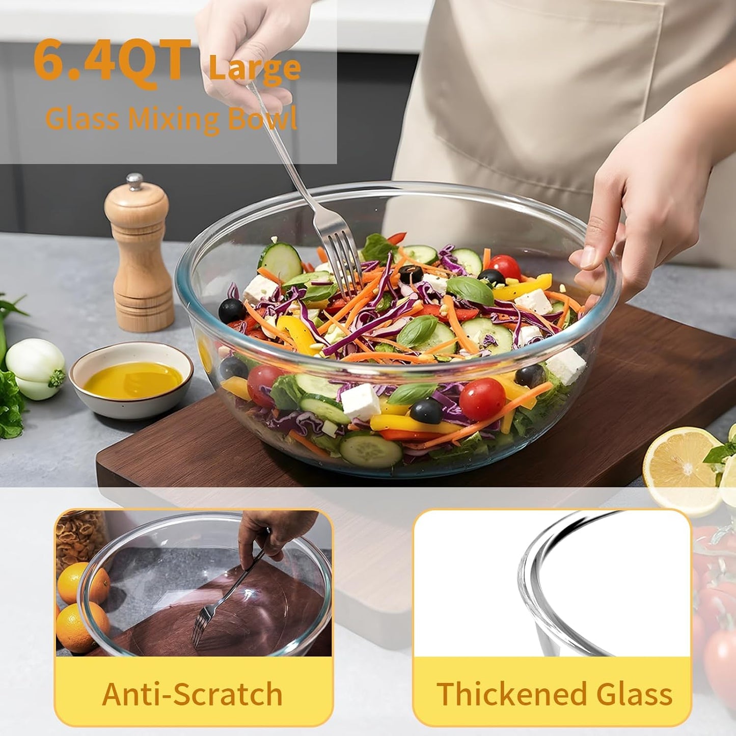 6.5Qt Extra Large Glass Mixing Bowl with Lid, Clear Large Salad Bowls with Airtight Bamboo Lid & Handle,Thickened Glass Big Mixing Bowls Cooking Bowl for Food Prep, Kitchen,Dinner, Borosilicate Glass