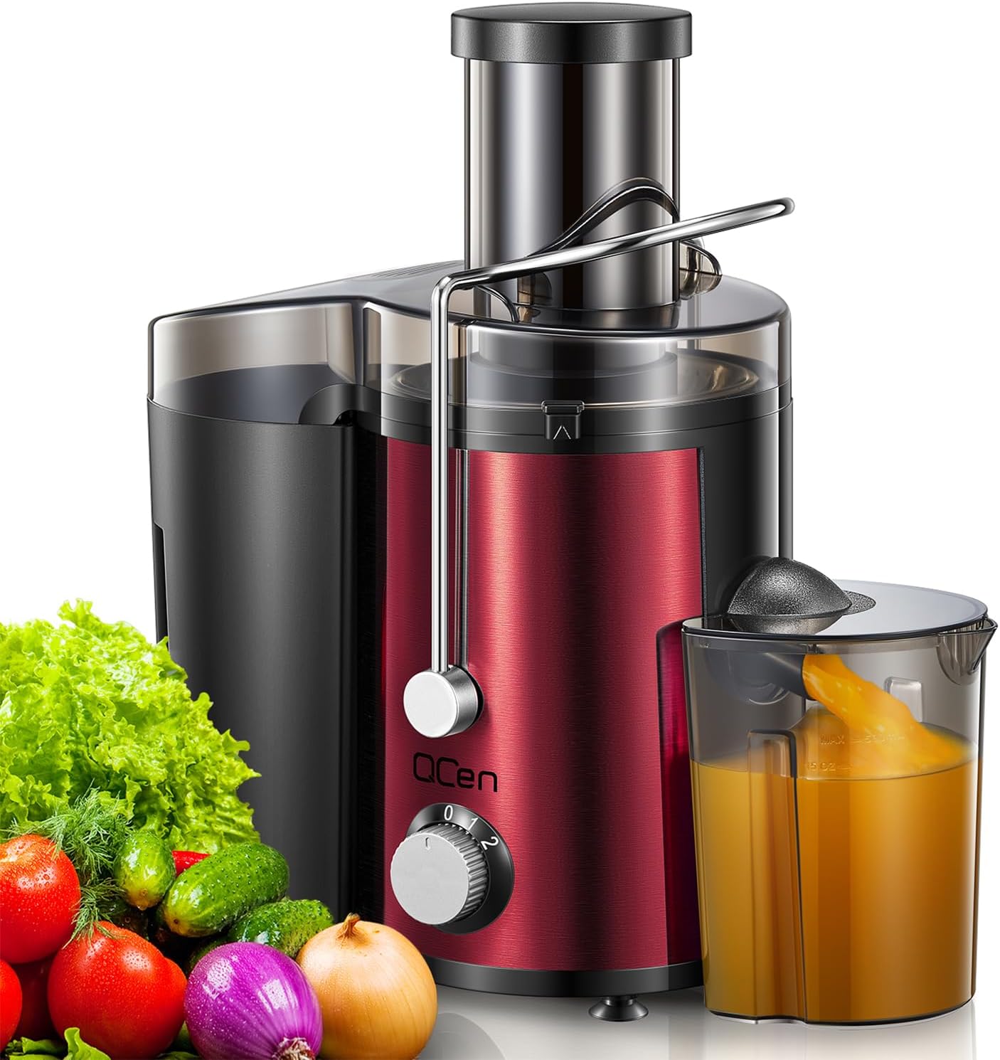 Qcen Juicer Machine, 500W Centrifugal Juicer Extractor with Wide Mouth 3” Feed Chute for Fruit Vegetable, Easy to Clean, Stainless Steel, BPA-free (Black)