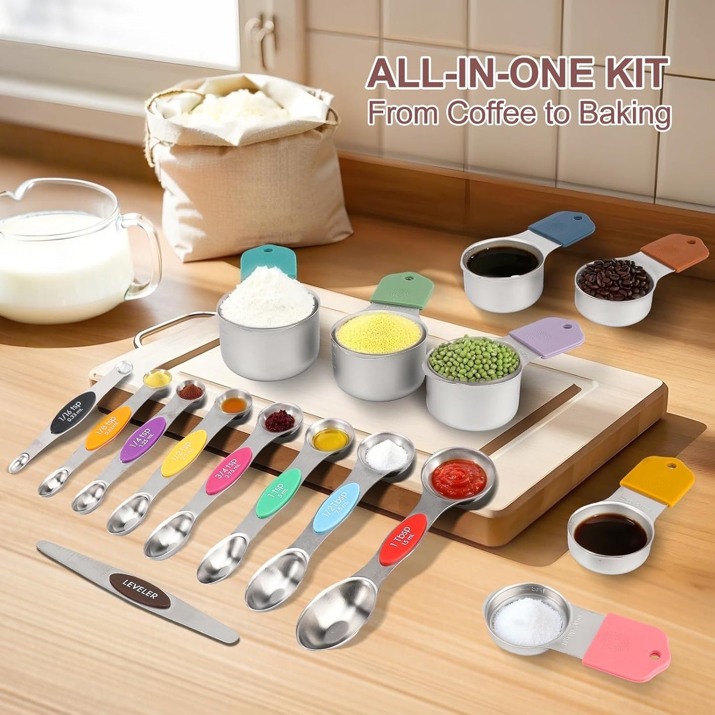 16-Piece Stainless Steel Measuring Cups and Spoons Set, Strong Magnetic Nesting Design 7 Cups 8 Spoons with Leveler, Double Measurement Markings for Dry & Liquid Ingredients, Gold