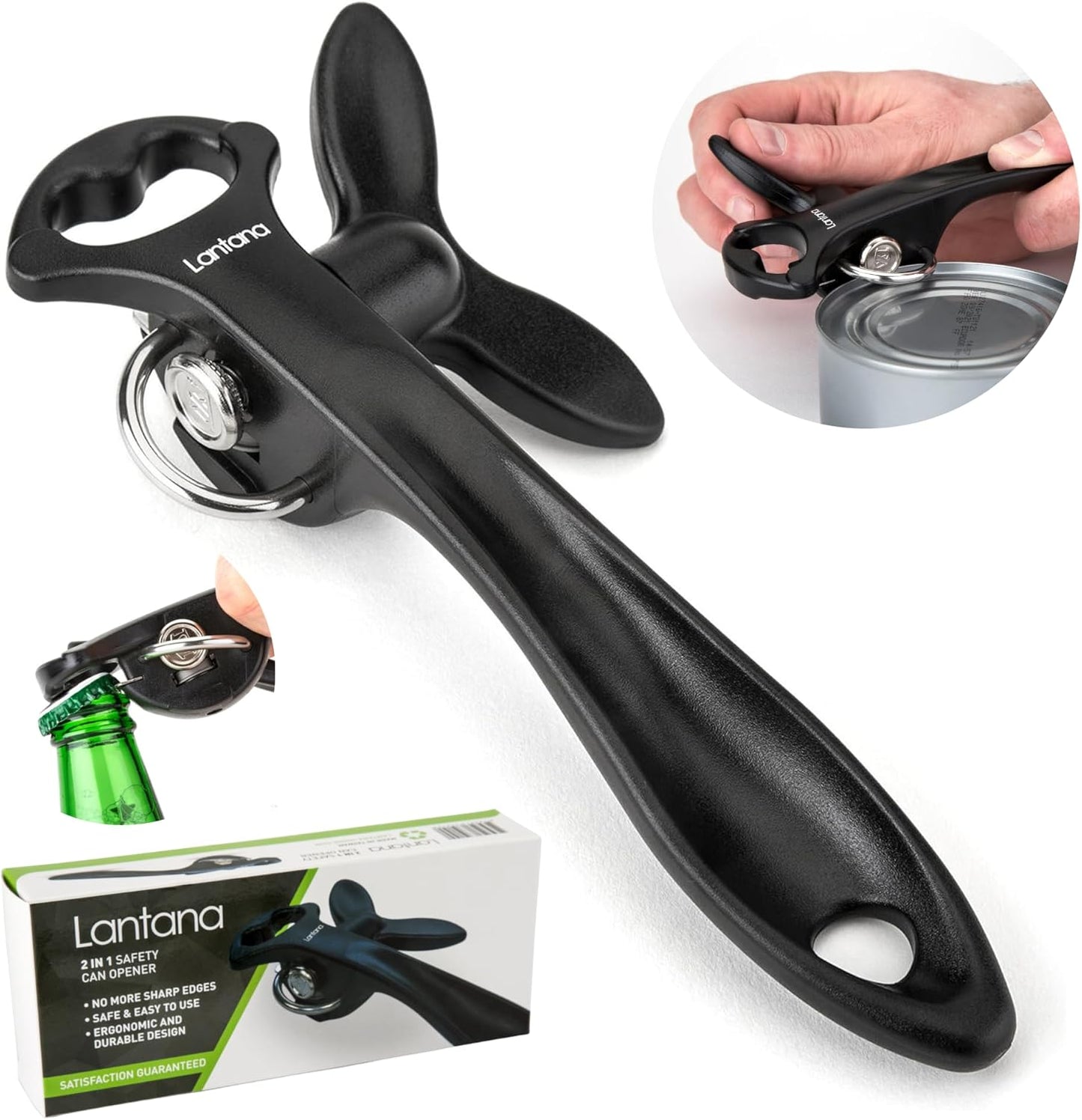 Lantana Smooth Edge Can Opener with Bottle Cap Lifter - Hand Held Manual Safety Tin Opener - Black/Stainless Steel