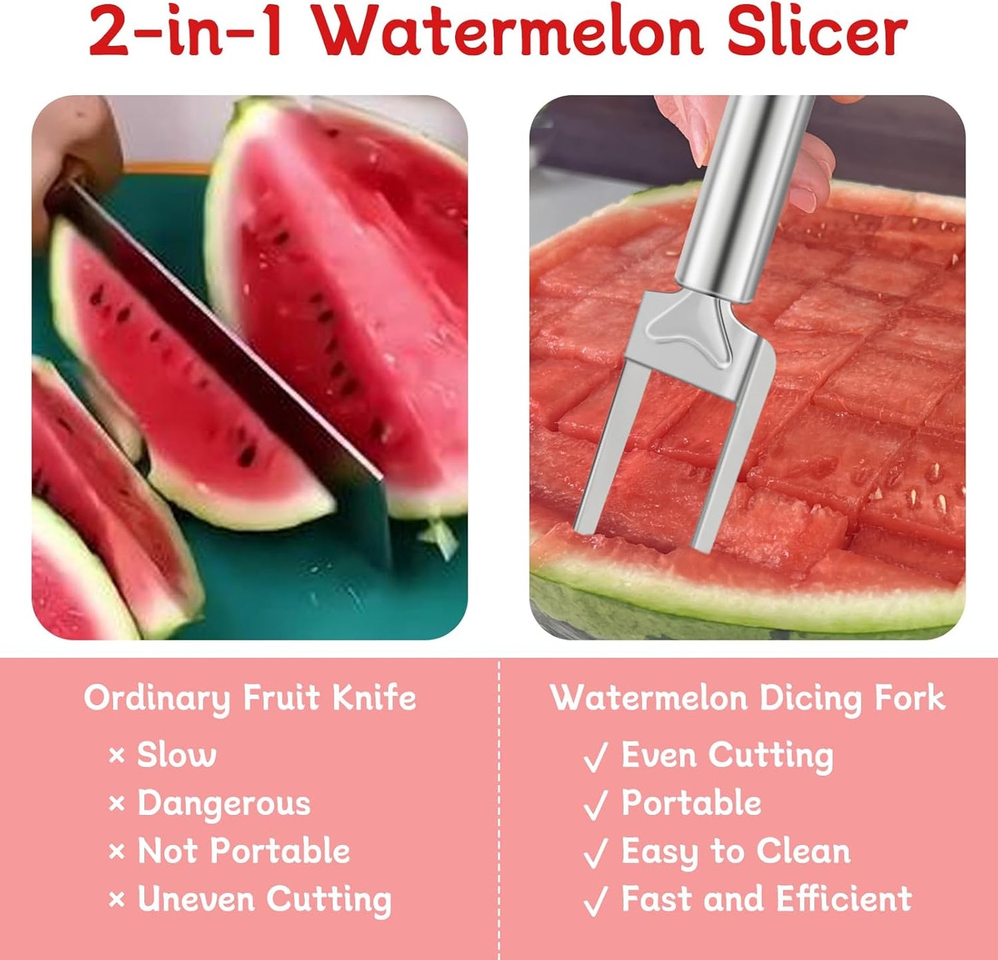 2-in-1 Watermelon Slicer & Fork – Stainless Steel Fruit Cutter Tool for Watermelon, Mango, Pitaya – Portable for Camping, Picnics, Home, Parties – Effortless Cubes & No Mess