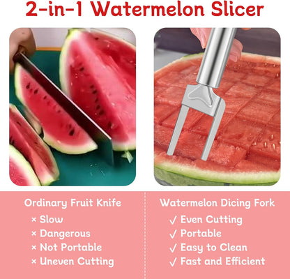 2-in-1 Watermelon Slicer & Fork – Stainless Steel Fruit Cutter Tool for Watermelon, Mango, Pitaya – Portable for Camping, Picnics, Home, Parties – Effortless Cubes & No Mess
