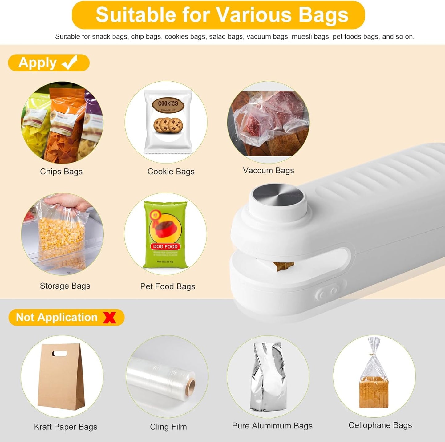2 in 1 Mini Bag Sealer, Bag Sealer Heat Seal with Cutter, USB C Rechargeable Chip Bag Sealer Heat Seal, Portable Bag Resealer for Plastic Bags Snacks & Food Storage,Bright Black