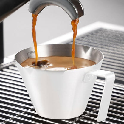 YARRAMATE 2 Pcs Espresso Cups with Handle, Stainless Steel Espresso Accessories, Double Spout Metal Measuring Cup with Dual Scale, Espresso Shot cup with V-Shaped Mouth, 3.4OZ/100ML(Silver)
