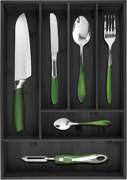 Pristine Bamboo Silverware Organizer - Small Extra-Deep Wooden Kitchen Drawer Organizer Divider for Spoons, Forks, Knives & Cutleries - 5 Slots
