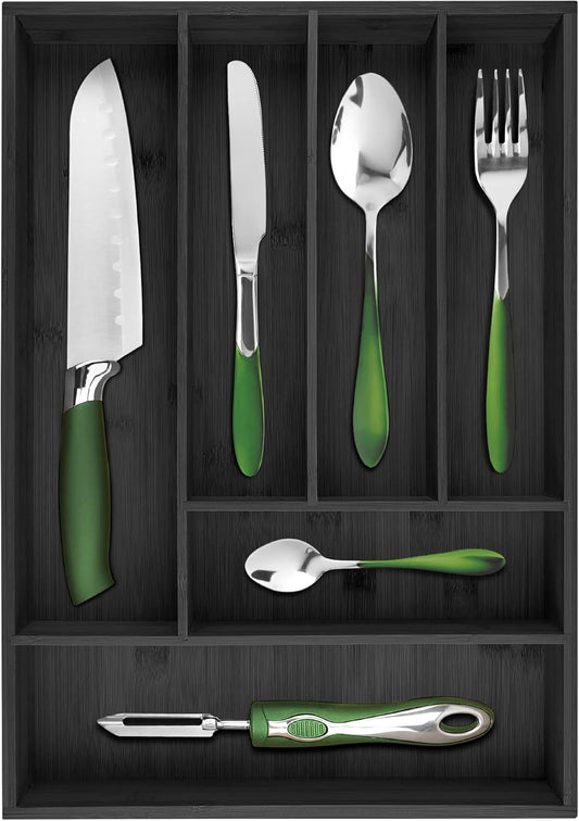 Pristine Bamboo Silverware Organizer - Small Extra-Deep Wooden Kitchen Drawer Organizer Divider for Spoons, Forks, Knives & Cutleries - 5 Slots