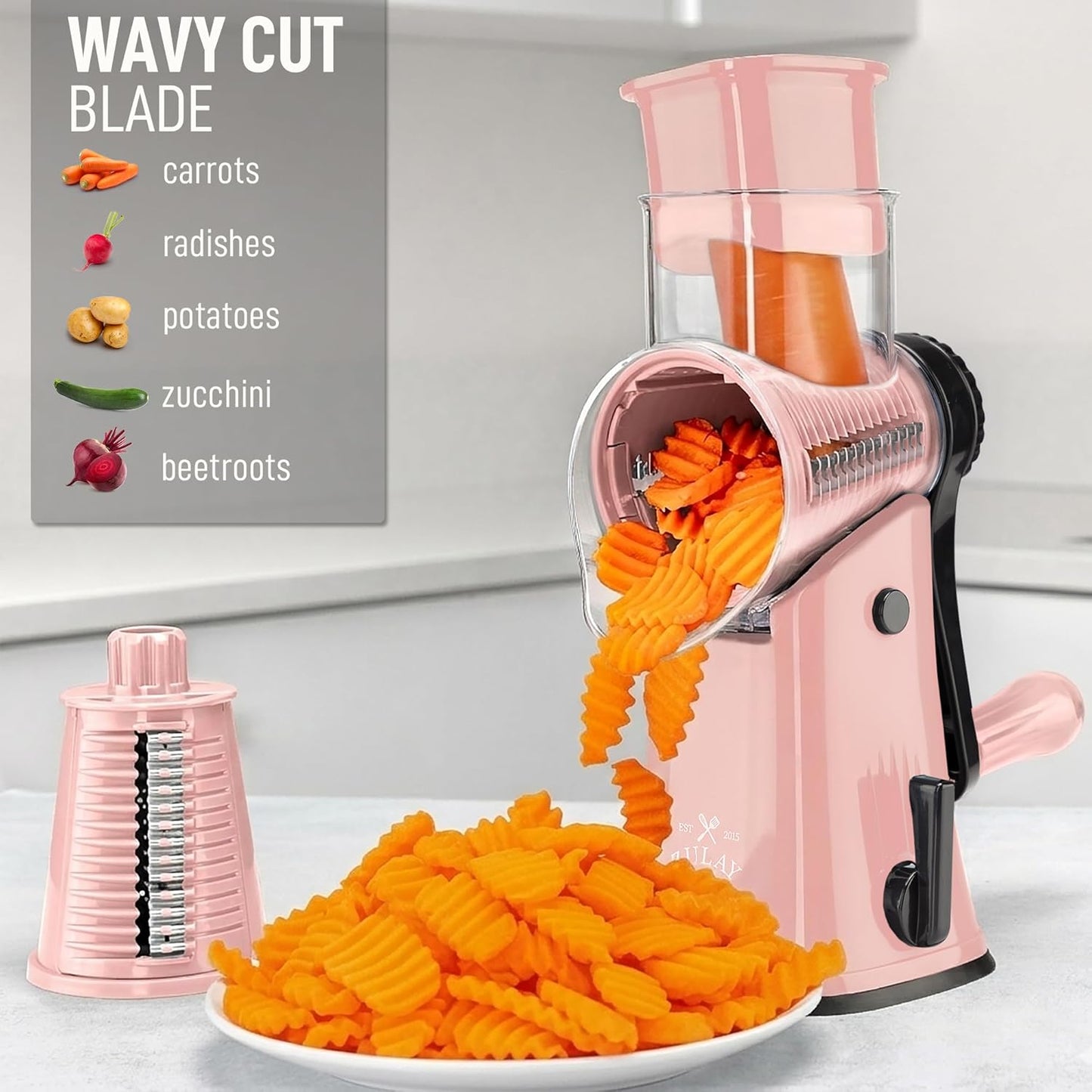 Zulay Kitchen Rotary Cheese Grater 5 Blade Cheese Shredder - Manual Hand Crank Cheese Grater With Reinforced Suction & 5 Interchangeable Drums - Easy to Use, Vegetable Chopper Round Mandoline Slicer - Colors B