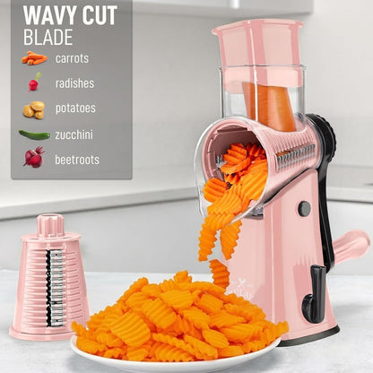 Zulay Kitchen Rotary Cheese Grater 5 Blade Cheese Shredder - Manual Hand Crank Cheese Grater With Reinforced Suction & 5 Interchangeable Drums - Easy to Use, Vegetable Chopper Round Mandoline Slicer - Colors B