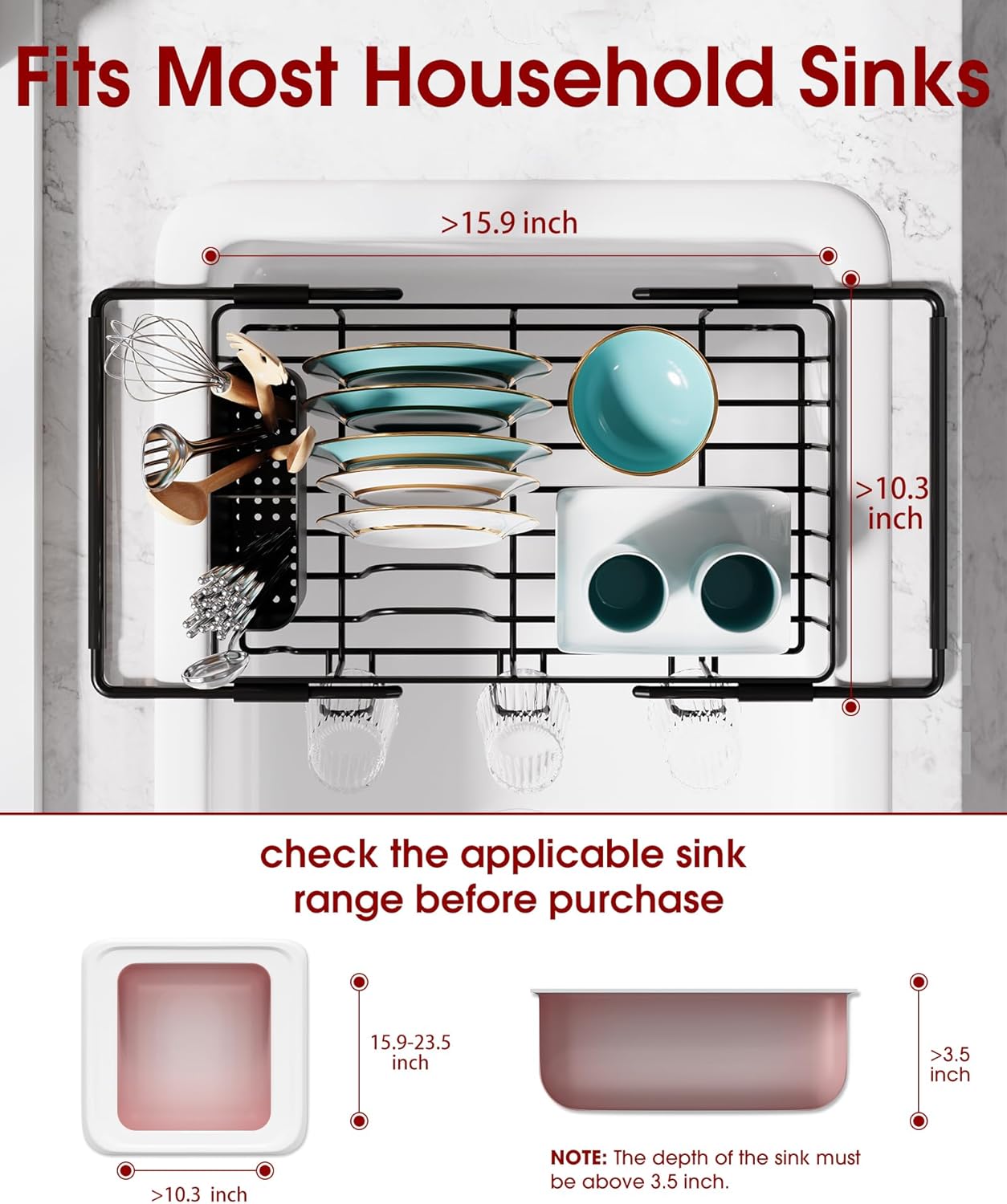 Sakugi Dish Drying Rack in Sink - Expandable Stainless Steel Dish Rack Over the Sink, Kitchen Sink Drain Strainer with Cutlery Holder & Cup Holders, 15.4 x 9.8 x 3.0 Inch, Silver