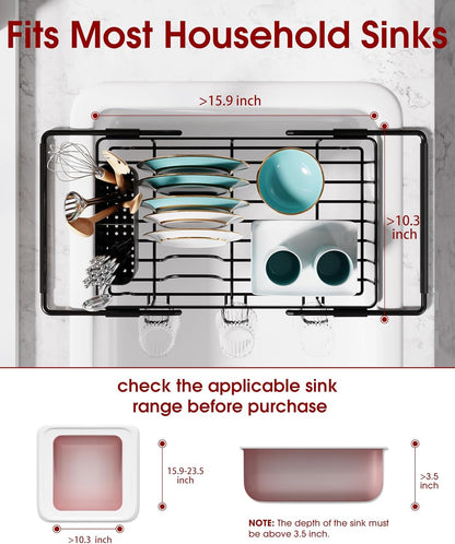 Sakugi Dish Drying Rack in Sink - Expandable Stainless Steel Dish Rack Over the Sink, Kitchen Sink Drain Strainer with Cutlery Holder & Cup Holders, 15.4 x 9.8 x 3.0 Inch, Silver
