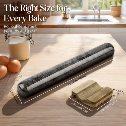 Flexzion French Rolling Pin, 12 Inch White Marble Rolling Pins for Baking with Wooden Base Holder Stand - Non-Stick Baking Roller for Baking Fondant, Crust, Pastry, Cookies, Pizza, Pasta