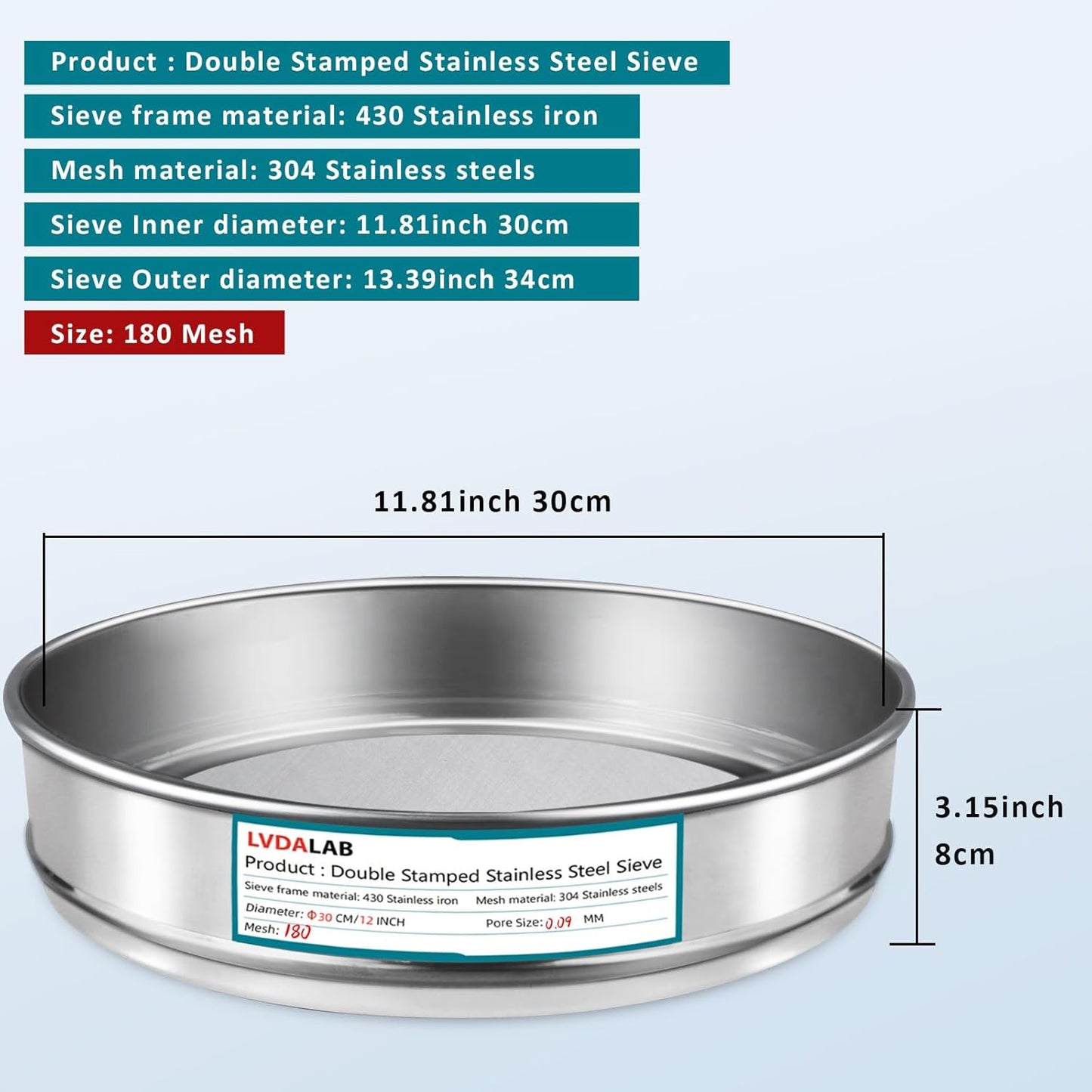 304 Stainless Steel Lab Sieve Screen Mesh, 100 Mesh (0.15mm) Aperture Test Sieve, 12Inch(30cm) Diameter Economy Standard Analysis Sample Test Sieves for Industrial Laboratory Homes - Colors A