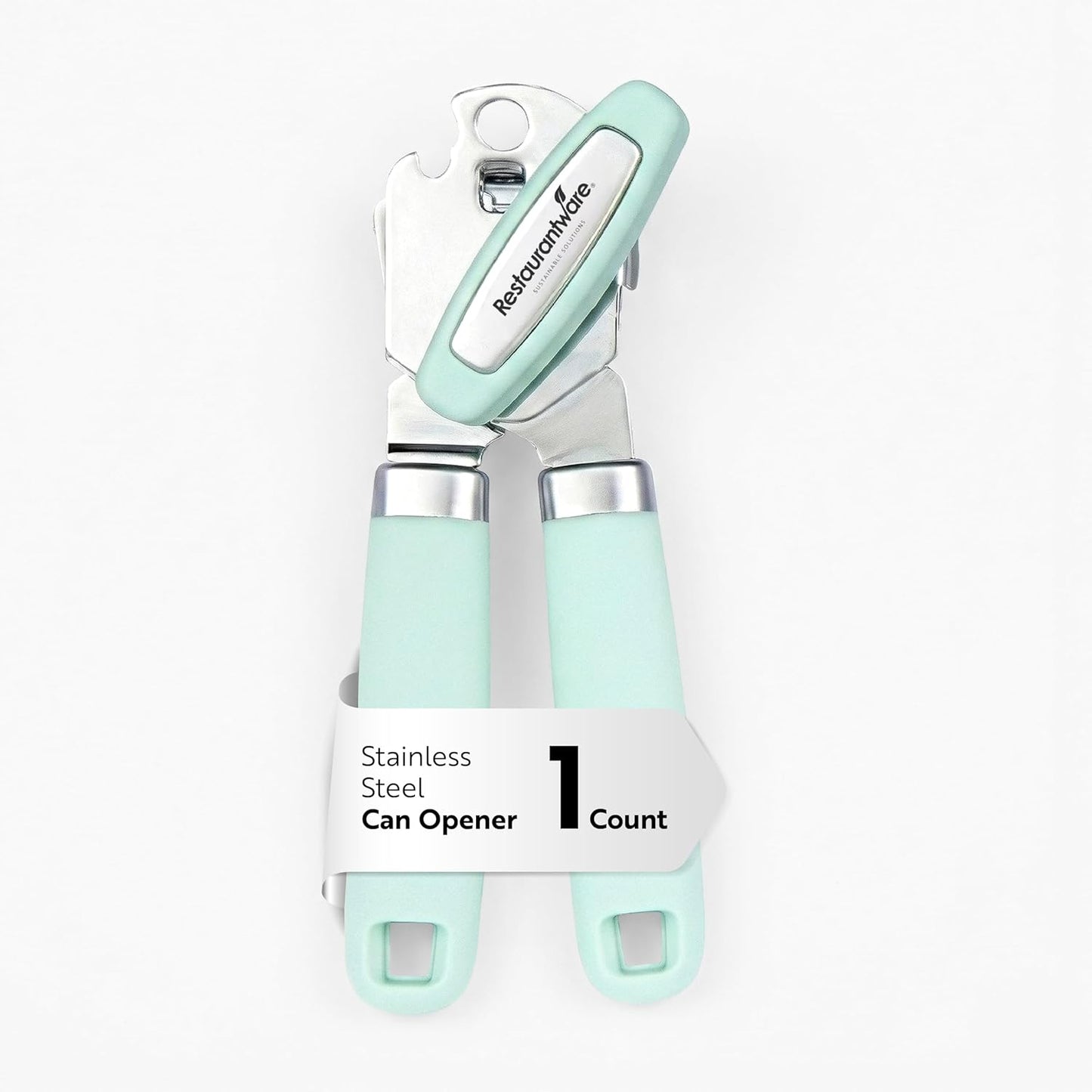 Restaurantware Comfy Grip 7.6 x 1.9 x 2.1 Inch Can Opener 1 Durable Manual Can Opener - Sharp Wheel Blade Grip Handle Mint Green Stainless Steel Hand-Held Can Opener Built-In Bottle Opener