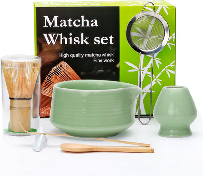 Accguan Matcha Whisk Set, 7pcs - Bamboo & Ceramic, Includes 19 oz Bowl, Whisk, Spoons, Holder, Sifter & More - Perfect for Matcha Lovers