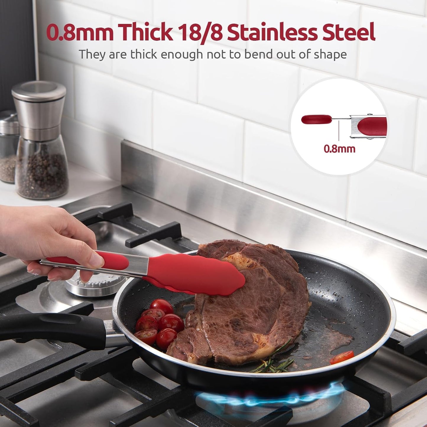 600ºF Heat Resistant Kitchen Tongs: U-Taste 9 inch Silicone Cooking Tong with Firm Sealed Non Stick Rubber Tips & Silicon Coated 18/8 Stainless Steel Handle & Smooth Locking for Serving Salad (Black)