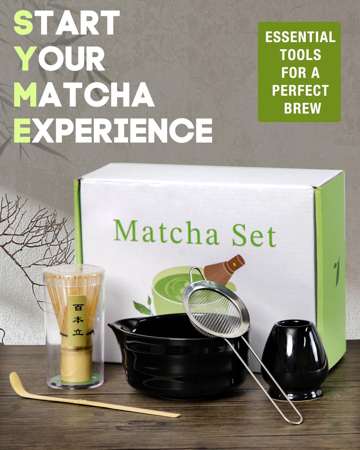 Matcha Whisk Set - 5PCS Matcha Set Includes 17OZ Chawan with Spout, Bamboo Chasen Whisk with Ceramic Holder, Matcha Scoop and Stainless Sifter, Matcha Kit for Ceremony, Gift for Matcha Lovers
